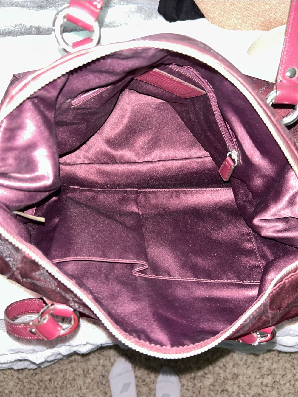 Coach Burgundy Signature Logo Tote with Leather Trim - Picture 9 of 12